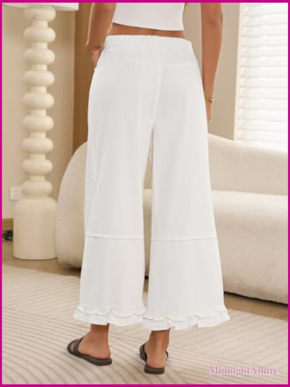 Ruffle Wide Leg Cropped Jeans High Waisted Baggy Denim Pants with Pockets - Picture 4 of 7